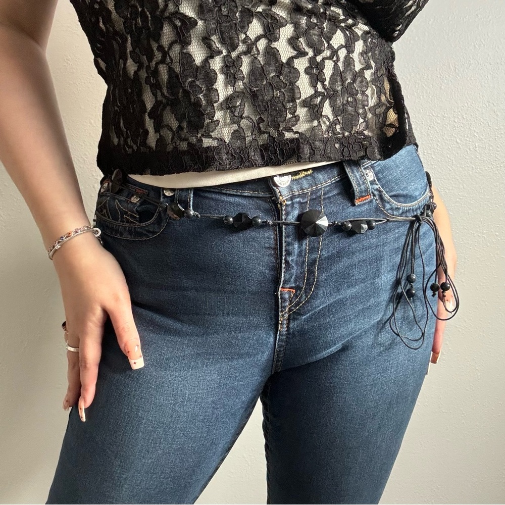 Vintage 90s Whimsygoth Grunge Black Statement Drape Cord Beaded Chain Belt